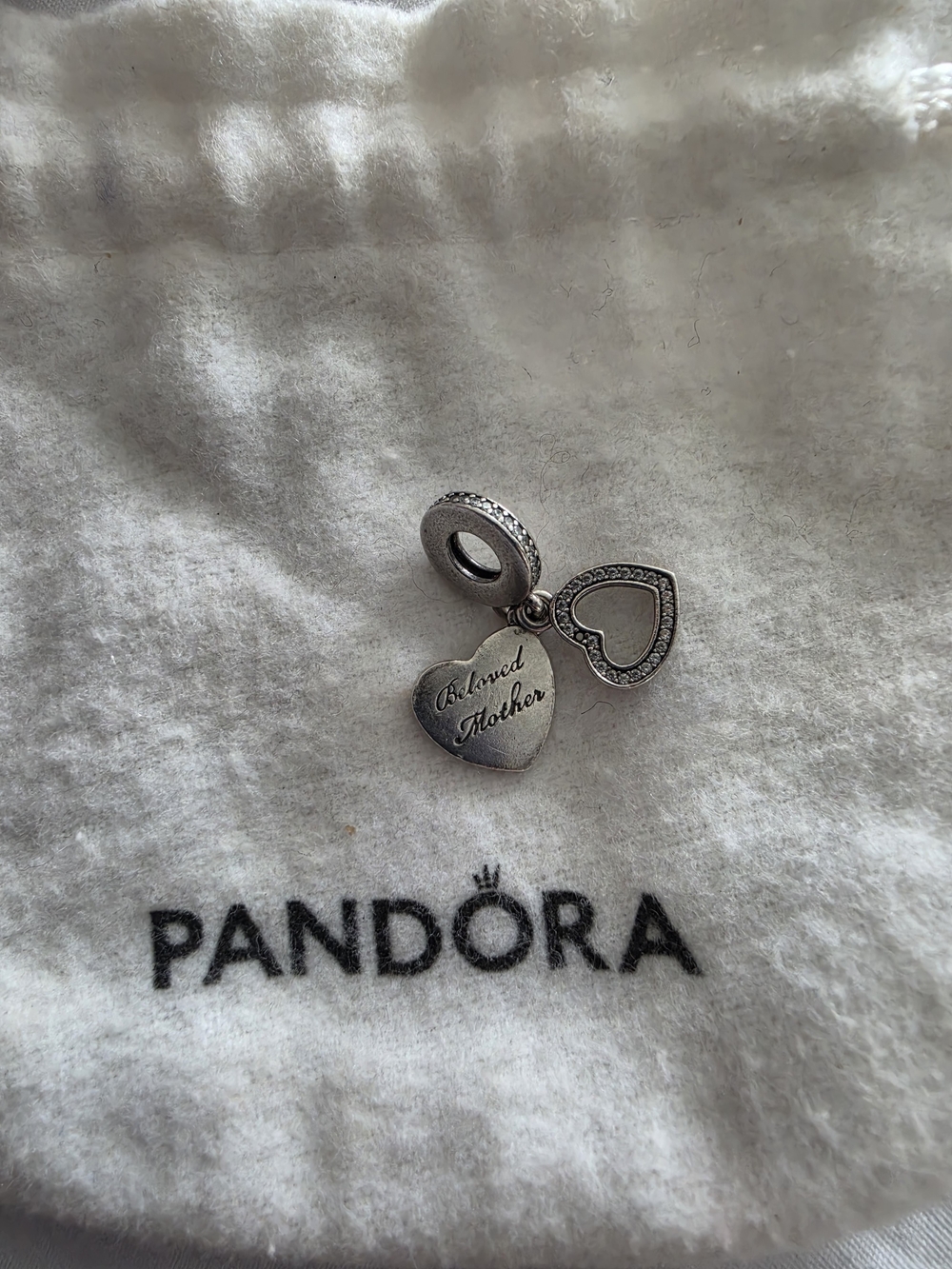 Pandora Silver 'Beloved Mother' Double Heart Dangle Charm